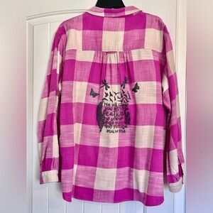 Upcycled AEO Women's Pink Plaid Flannel Shirt with Hand Painted Detail